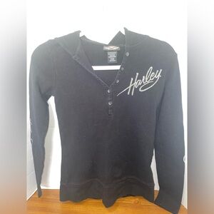 Women's Harley Davidson Long Sleeve Thermal Hooded Shirt Bling Two Sided Small